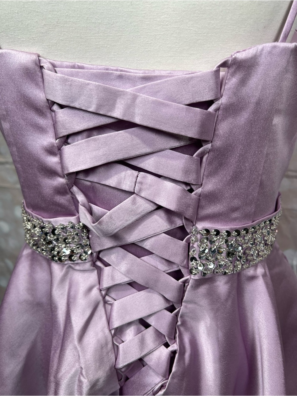 Lilac Satin A-Line Dress with Jeweled Waist - Picture 4 of 6